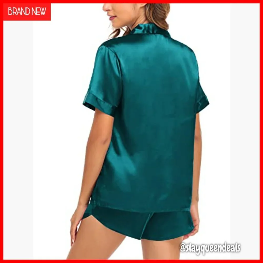 Satin Matching Pajama Set Short Sleeve Button Down Nightwear Loungewear
